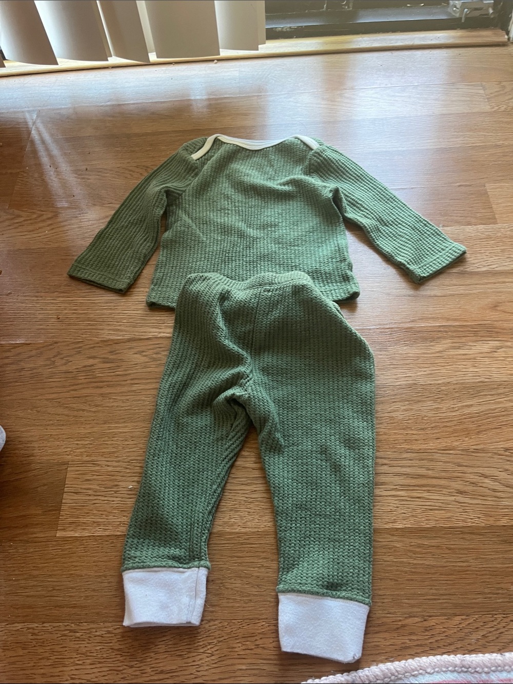 Green Waffle Knit Set with White Cuffs